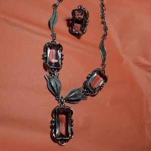 Necklace and Ring Set Purple Glass Silver